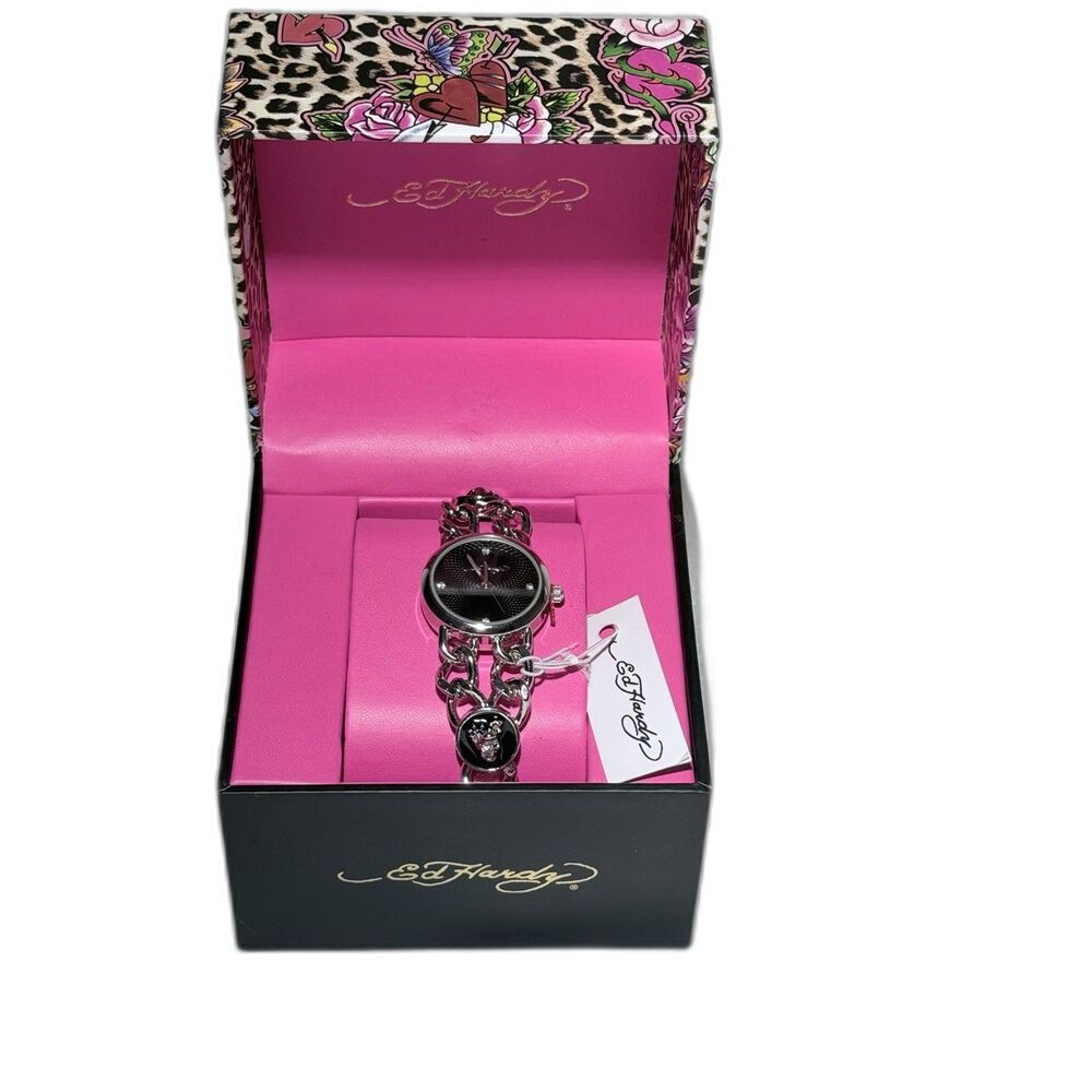Ed Hardy Women’s Silver Watch Chain Link Band With Skull Wings Black Dial NWT